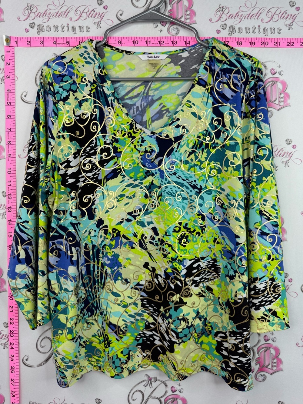 Tan jay top V-Neck Women's Printed Knit Top in Blue & Green